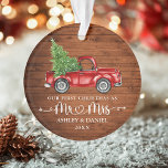 Calligraphy Heart Rustic First Christmas Red Truck Ornament<br><div class="desc">Modern Calligraphy Script Heart Our First Christmas as Mr. and Mrs. - Watercolor Vintage Red Truck Ornament - Rustic Country Wood Print</div>