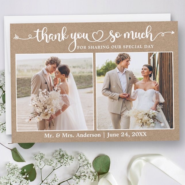 Calligraphy Heart Script 2 Photo Kraft Wedding Thank You Card (Customize to change your personalized text size or text style.)