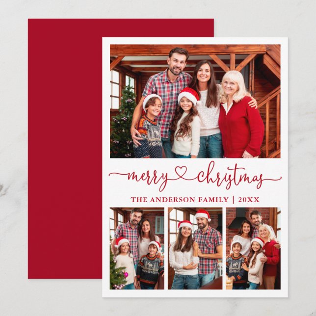 Calligraphy Heart Script Christmas 4 Photo Red Holiday Card (Front/Back)