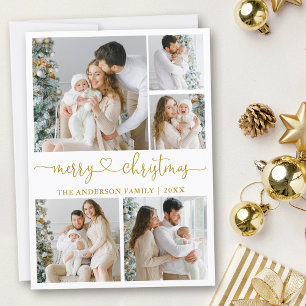Calligraphy Heart Script Christmas Gold 5 Photo Holiday Card