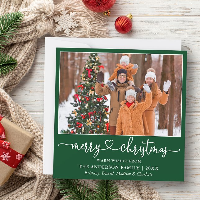 Calligraphy Heart Script Christmas Square Green Holiday Card (Customize to add text to back of card.)