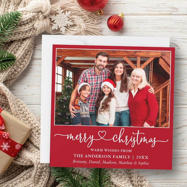 Calligraphy Heart Script Christmas Square Red Holiday Card (Customize to add text to back of card.)