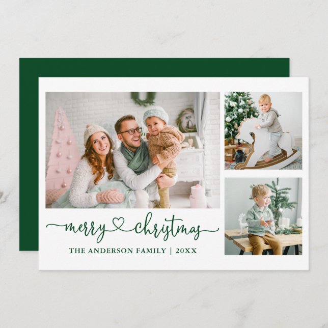 Calligraphy Heart Script Green Christmas 3 Photo Holiday Card (Front/Back)