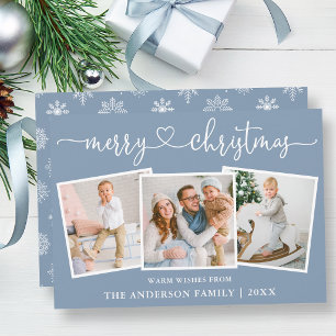 Calligraphy Heart Snowflakes Dusty Blue 3 Photo Holiday Card