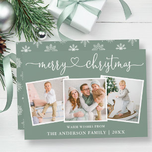 Calligraphy Heart Snowflakes Sage Green 3 Photo Holiday Card