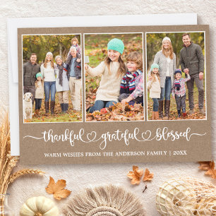 Calligraphy Heart Thankful 3 Photo Kraft Holiday Card