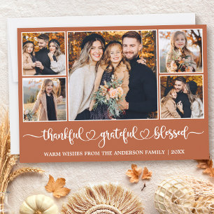 Calligraphy Heart Thankful 5 Photo Holiday Card
