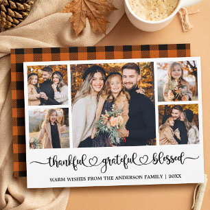 Calligraphy Heart Thankful 5 Photos Plaid Holiday Card