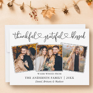 Calligraphy Heart Thankful Grateful 3 Photo Holiday Card