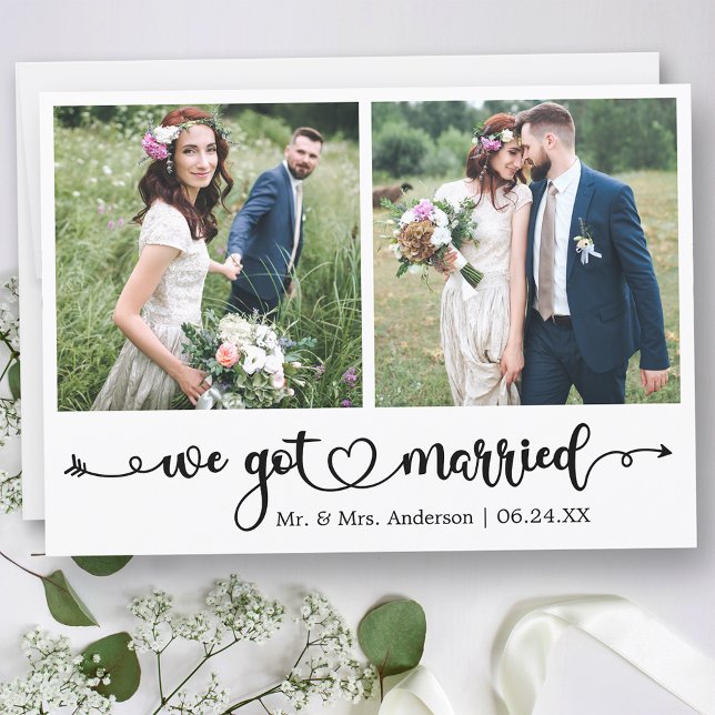 Calligraphy Heart We Got Married 2 Photo Wedding Announcement (Customize to change your personalized text size, text style or to add text to back of card.)