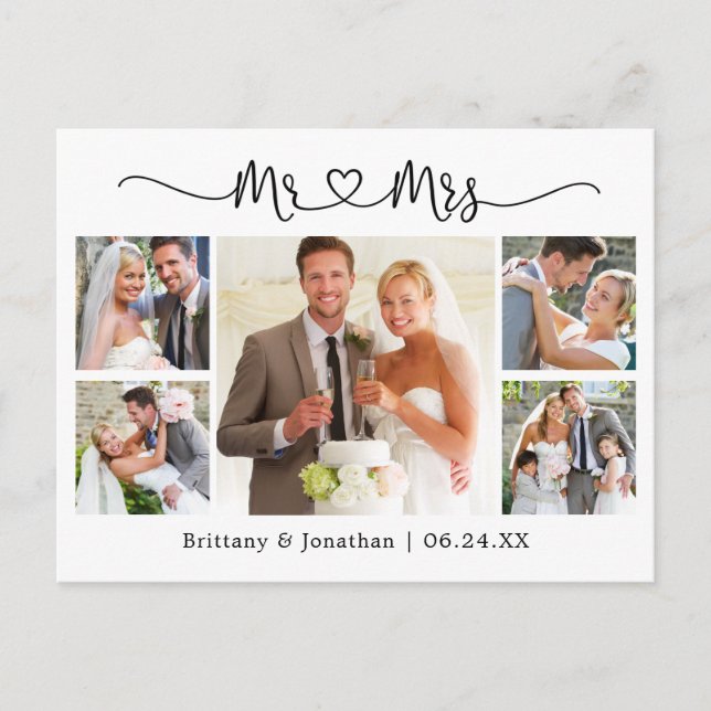 Calligraphy Heart Wedding 5 Photo Thank You Postcard (Front)