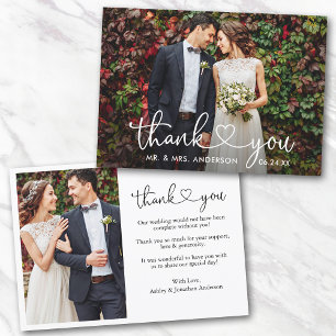 Calligraphy Heart Wedding Bride Groom 2 Photo Thank You Card