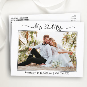 Calligraphy Heart Wedding Mr. Mrs. Photo Thank You Postcard