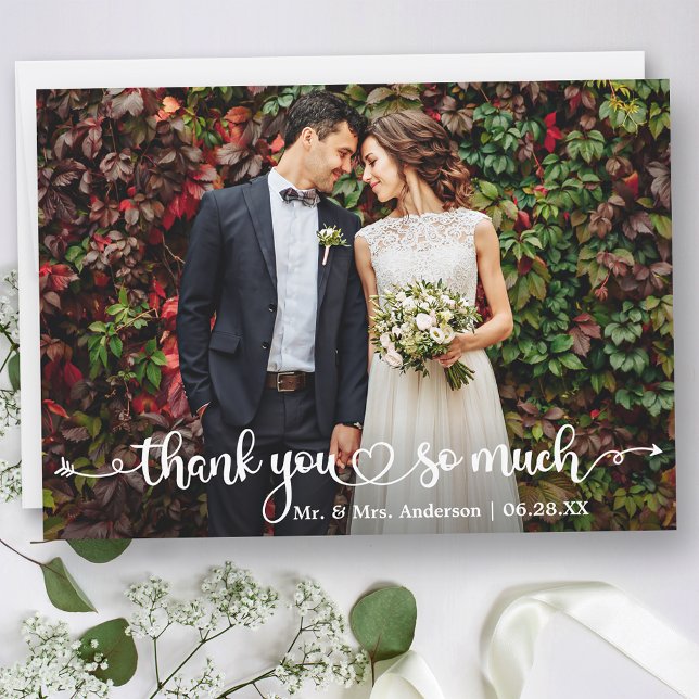 Calligraphy Heart Wedding Photo Thank You Card (Customize to change your personalized text size or text style.)