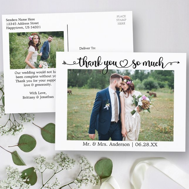 Calligraphy Heart Wedding Photo Thank You So Much Postcard (Customize to change your personalized text size or text style.)