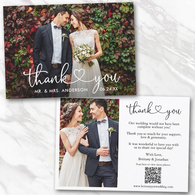 Calligraphy Heart Wedding QR Code 2 Photo Thank You Card (Add your wedding website link to the QR Code so guests can scan & view more of your photos online.)