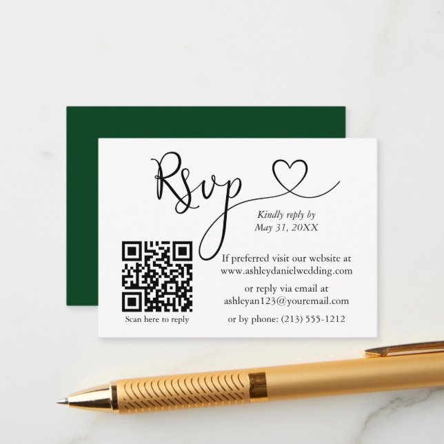 Calligraphy Heart Wedding QR Green RSVP Enclosure Card (Front/Back In Situ)