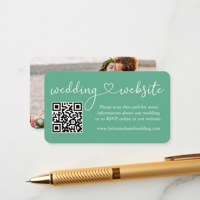 Calligraphy Heart Wedding Web QR Photo Mint Green Enclosure Card (Front/Back In Situ)