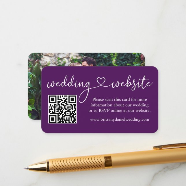 Calligraphy Heart Wedding Website QR Photo Purple Enclosure Card (Front/Back In Situ)