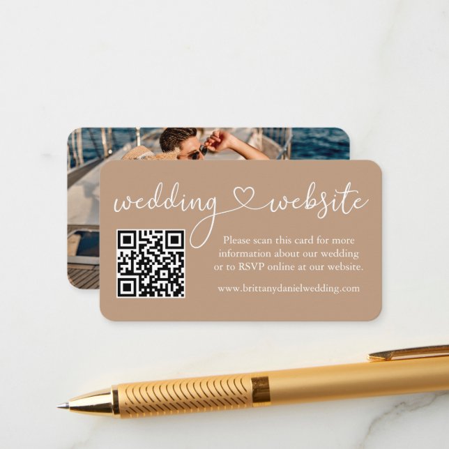 Calligraphy Heart Wedding Website QR Photo Taupe Enclosure Card (Front/Back In Situ)