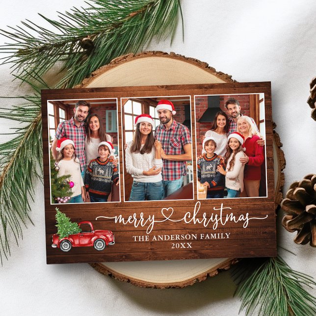 Calligraphy Heart Wood 3 Photo Christmas Truck Postcard (Customize to change your personalized text size or text style.)