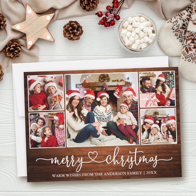 Calligraphy Heart Wood 5 Photo Christmas  Holiday Card (Customize to add text to back of card.)