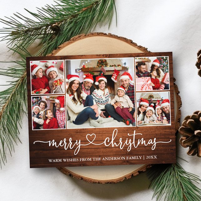 Calligraphy Heart Wood Christmas 5 Photo Holiday Postcard (Customize to change your personalized text size or text style.)