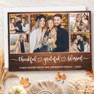 Calligraphy Heart Wood Thankful 5 Photo Holiday Card