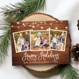 Calligraphy Holiday Wood String Lights 3 Photo Postcard
