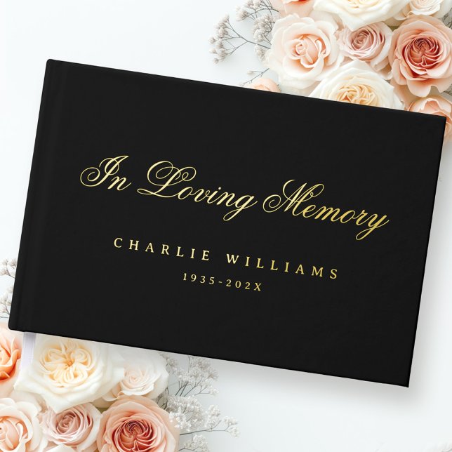 Calligraphy in loving memory funeral black real guest book (Calligraphy in loving memory funeral black real foil guest book)