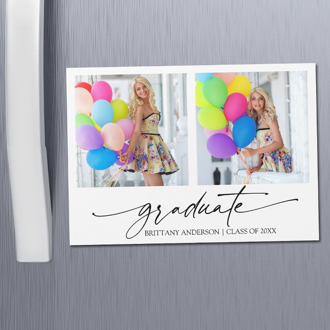 Calligraphy Ink 2 Photo Graduation Magnet Card (Customize to change your personalized text size or text style.)