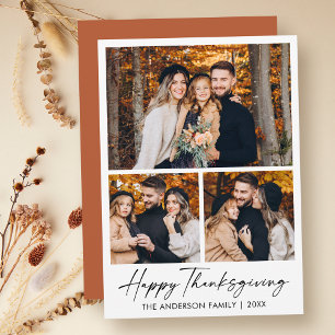 Calligraphy Ink 3 Photo Terracotta Thanksgiving Holiday Card