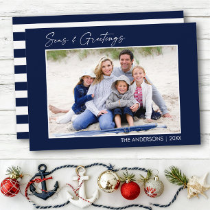 Calligraphy Ink Blue Seas and Greetings Photo Holiday Card