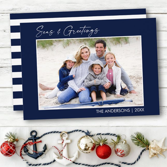 Calligraphy Ink Blue Seas and Greetings Photo Holiday Card (Customize to change your personalized text size or text style.)