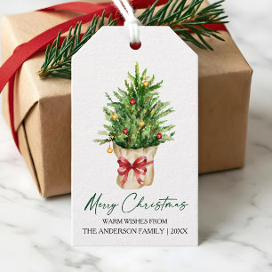 Calligraphy Ink Christmas Watercolor Pine Red Bow Gift Tags