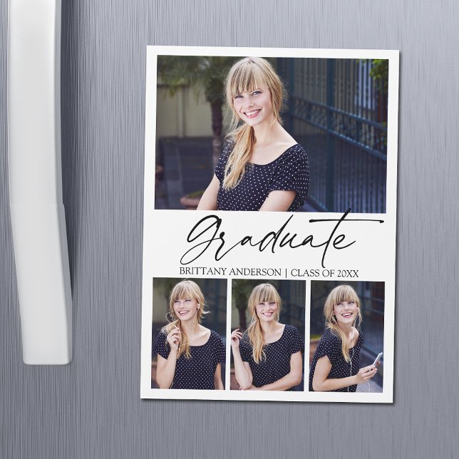 Calligraphy Ink Graduation 4 Photo Magnet Card (Customize to change your personalized text size or text style.)