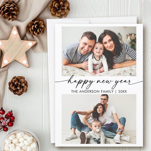 Calligraphy Ink Happy New Year 2 Photo Holiday Card (Customize to change your personalized text size or text style.)