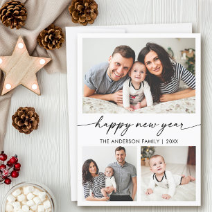 Calligraphy Ink Happy New Year 3 Photo Holiday Card