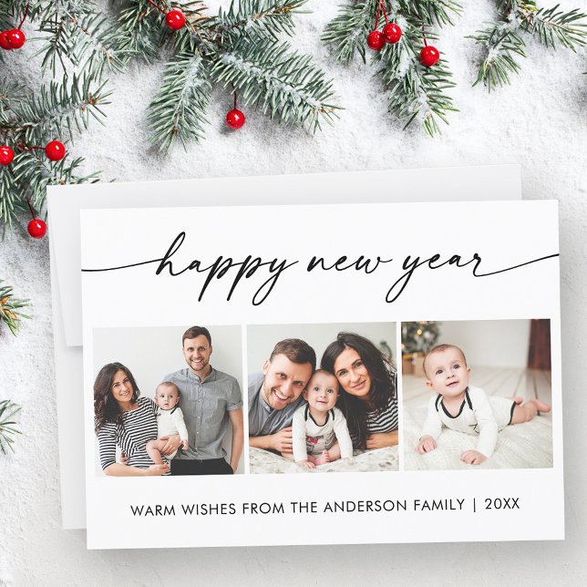 Calligraphy Ink Happy New Year 3 Photos Holiday Card (Customize to change your personalized text size or text style.)
