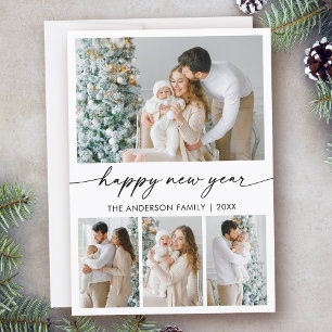 Calligraphy Ink Happy New Year 4 Photo Holiday Card
