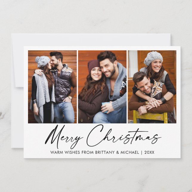 Calligraphy Ink Pen Christmas 3 Photo Couple Holiday Card (Front)