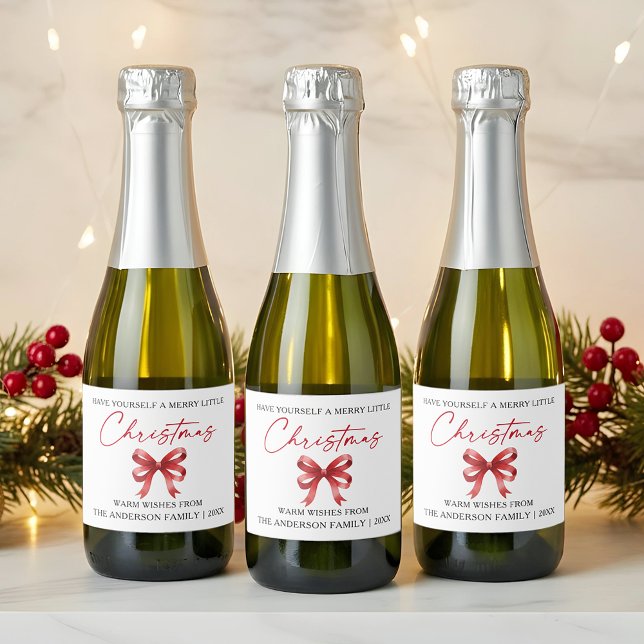 Calligraphy Ink Pen Christmas Red Bow Sparkling Wine Label (Customize to change your personalized text size or text style.)