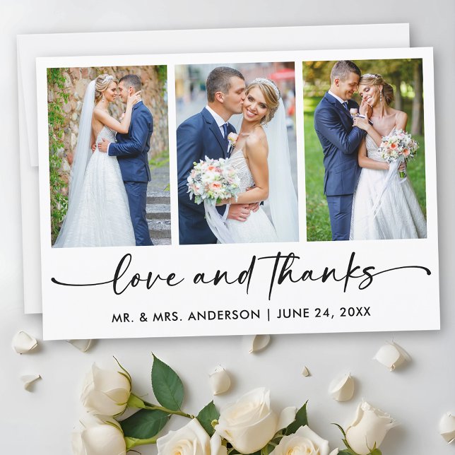 Calligraphy Ink Pen Script 3 Photo Love Wedding Thank You Card (Customize to add text to back of card.)
