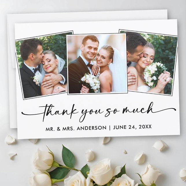 Calligraphy Ink Pen Script 3 Photos Wedding Thank You Card (Customize to add text to back of card.)
