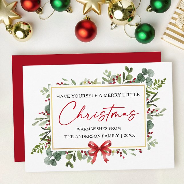Calligraphy Ink Pen Watercolor Greenery Red Bow Holiday Card (Customize to add text to back of card.)