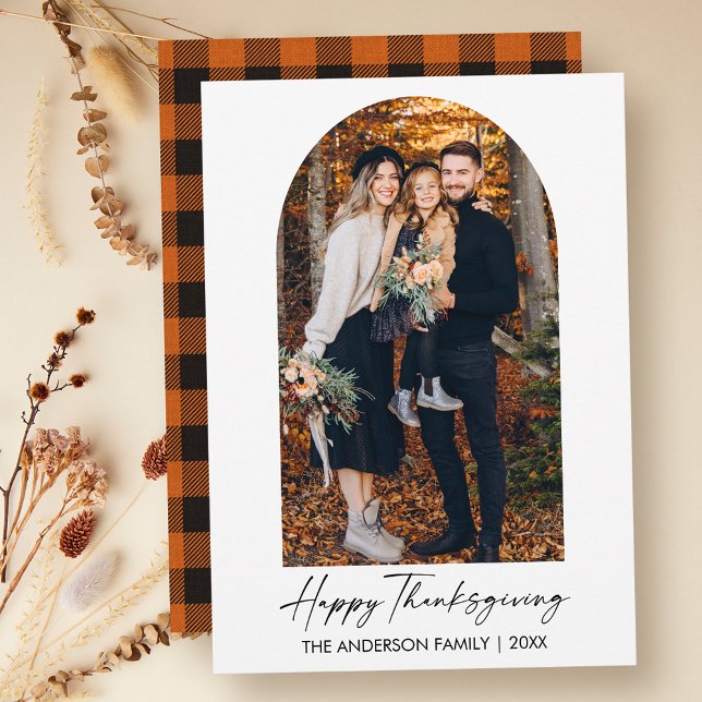 Calligraphy Ink Photo Arch Plaid Thanksgiving Holiday Card (Customize to change your personalized text size or text style.)