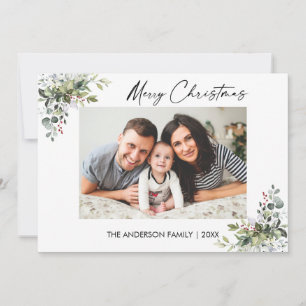 Calligraphy Ink Script Greenery Berries Christmas Holiday Card