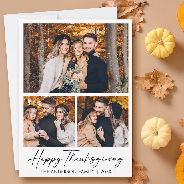Calligraphy Ink Script Happy Thanksgiving 3 Photo Holiday Card (Customize to change your personalized text size or text style.)