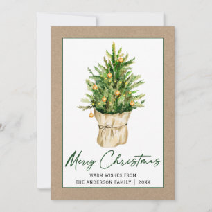 Calligraphy Ink Script Kraft Watercolor Pine Tree Holiday Card