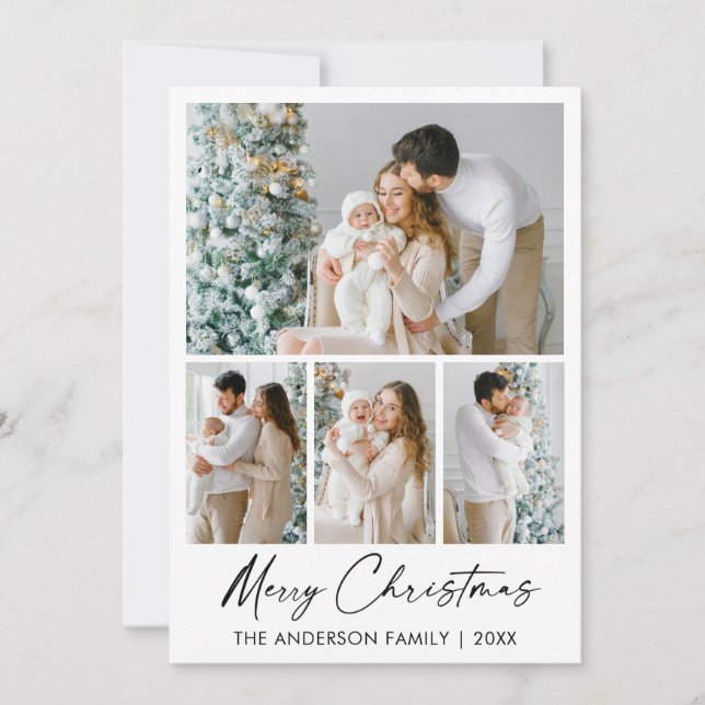 Calligraphy Ink Script Merry Christmas 4 Photos Holiday Card (Front)